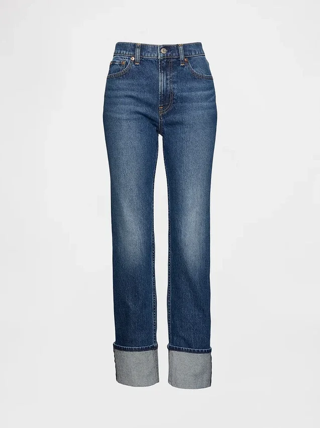Jeans slim dritti a vita alta con risvolto in stile anni '90