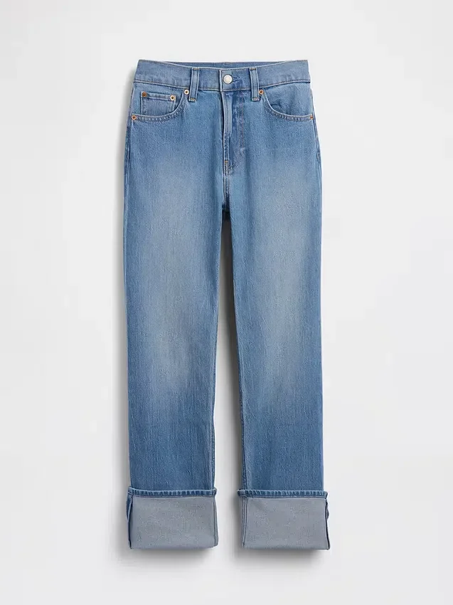 Jeans slim dritti a vita alta con risvolto in stile anni '90