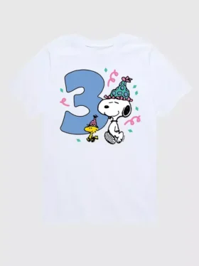 Maglietta con stampa a maniche corte per bambini "Peanuts" 3° compleanno in pantaloncini
