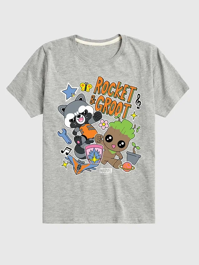 Maglietta con stampa per bambini Marvel con Groot e Rocket in pantaloncini
