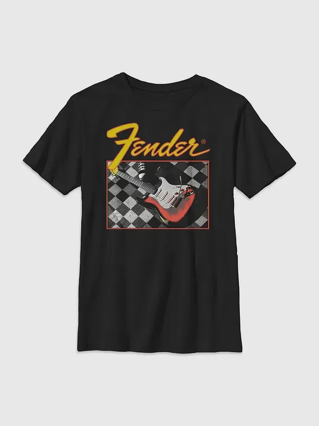 Maglietta da bambino con chitarra a scacchi Fender