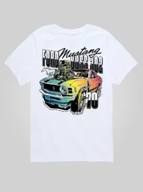 Maglietta grafica a maniche corte per bambini con la Ford Mustang del 1970 arcobaleno in pantaloncini