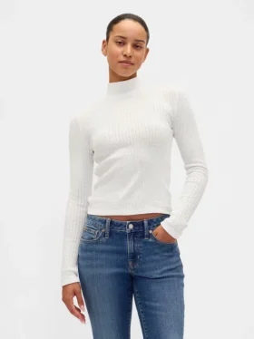Maglione a collo alto corto a costine pointelle