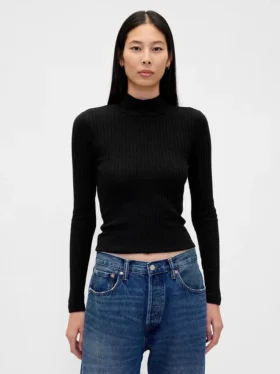 Maglione a collo alto corto a costine pointelle