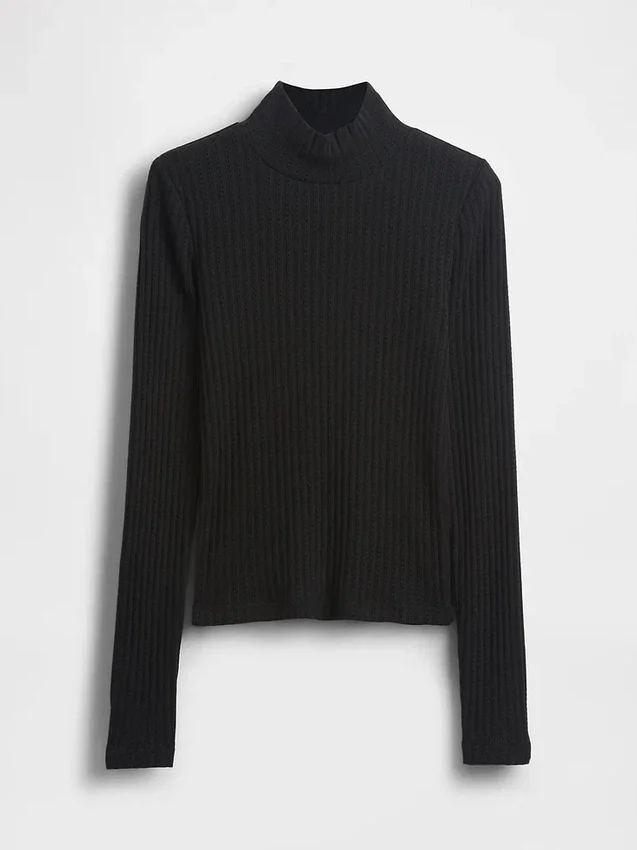 Maglione a collo alto corto a costine pointelle