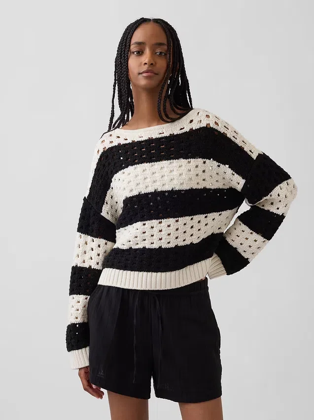 Maglione all’uncinetto 100% cotone con scollo a barchetta