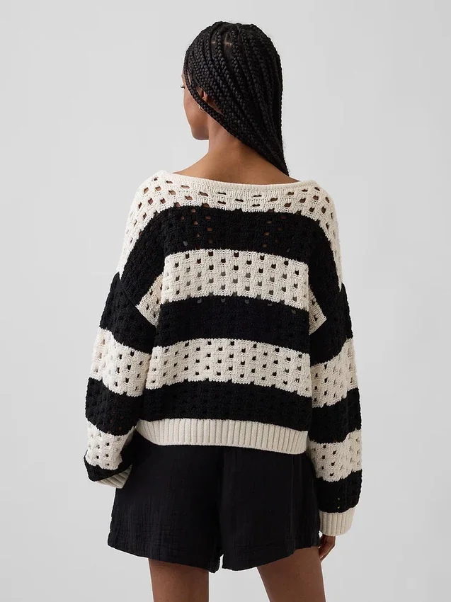 Maglione all’uncinetto 100% cotone con scollo a barchetta