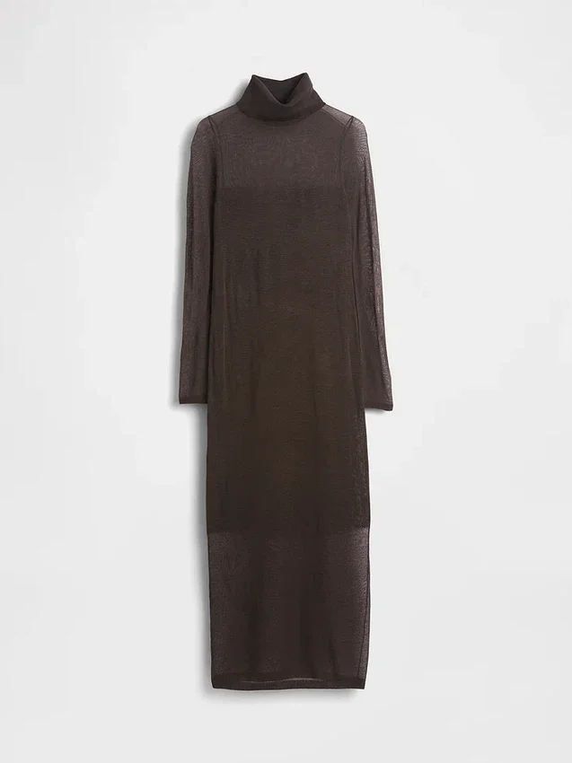 Maglione lungo in maglia trasparente con collo alto