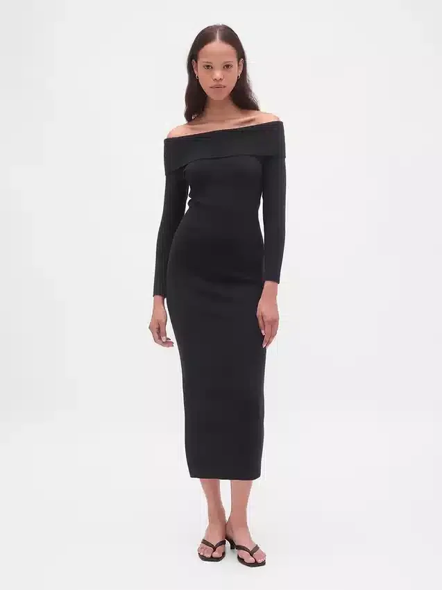 Maglione midi in maglia elasticizzata CashSoft con spalle scoperte