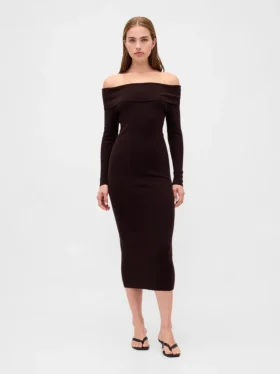 Maglione midi in maglia elasticizzata CashSoft con spalle scoperte