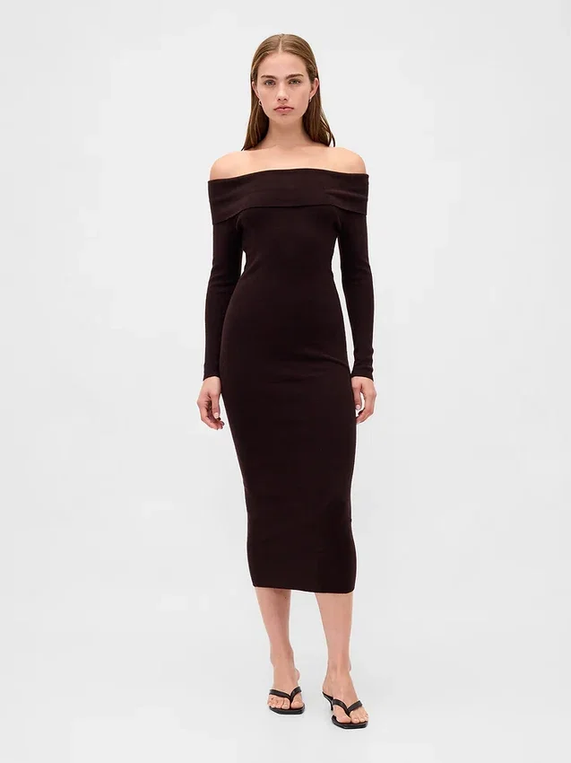 Maglione midi in maglia elasticizzata CashSoft con spalle scoperte