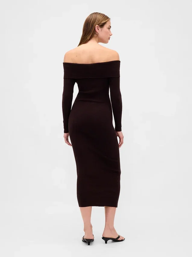 Maglione midi in maglia elasticizzata CashSoft con spalle scoperte
