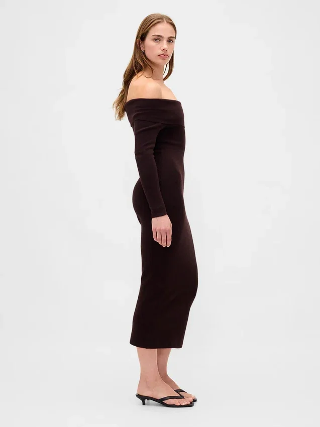 Maglione midi in maglia elasticizzata CashSoft con spalle scoperte