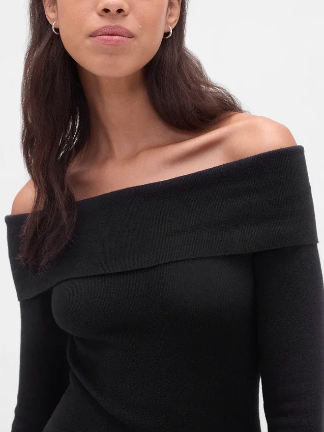 Maglione midi in maglia elasticizzata CashSoft con spalle scoperte