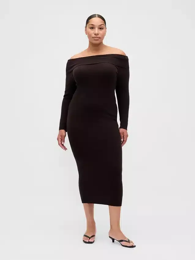 Maglione midi in maglia elasticizzata CashSoft con spalle scoperte