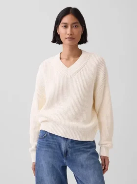 Maglione oversize con scollo a V in stile Shaker, 100% cotone