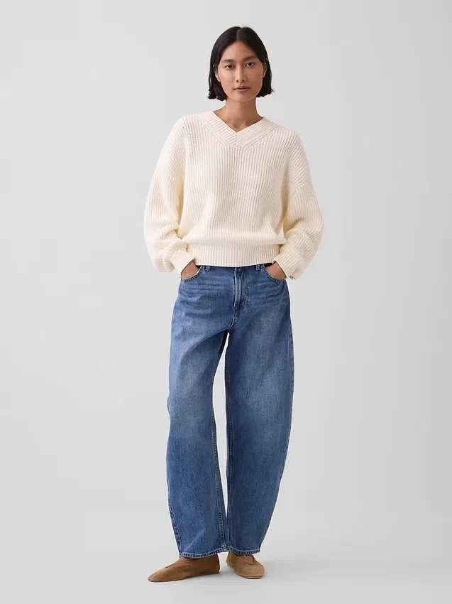 Maglione oversize con scollo a V in stile Shaker, 100% cotone