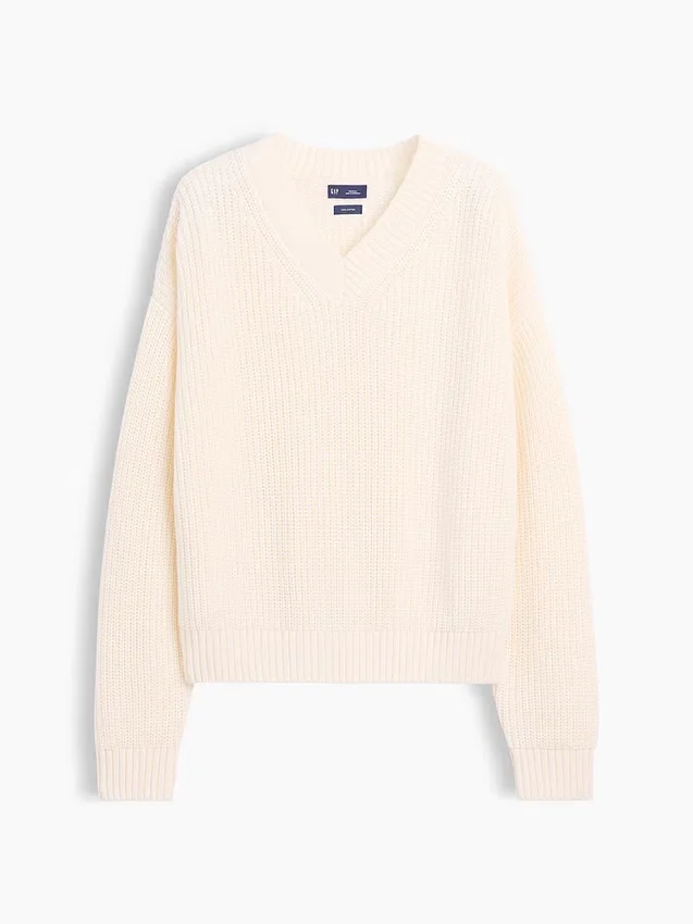 Maglione oversize con scollo a V in stile Shaker, 100% cotone