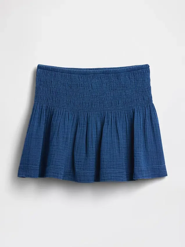 Mini gonna-pantaloncino in denim di garza di cotone con vita smockata