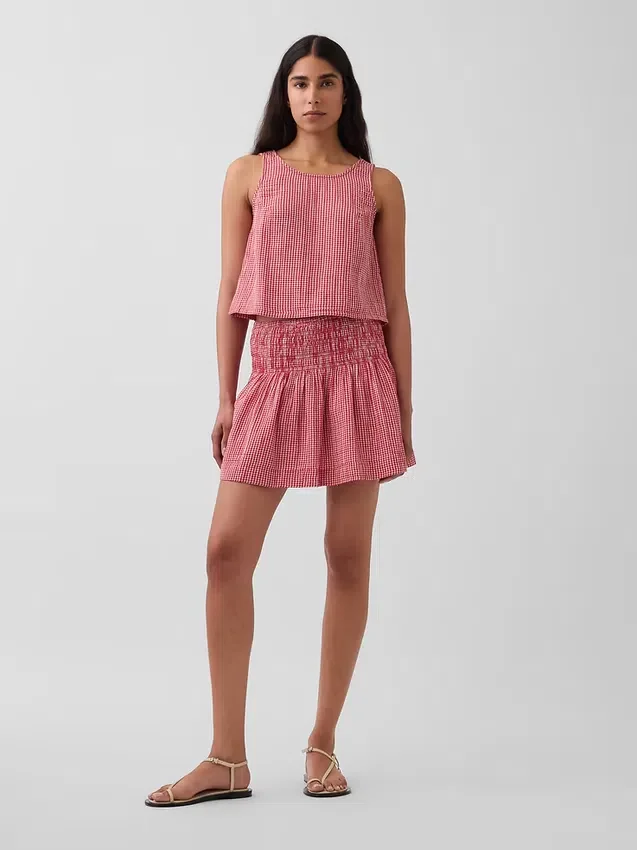 Mini gonna-pantaloncino in garza di cotone con vita smockata
