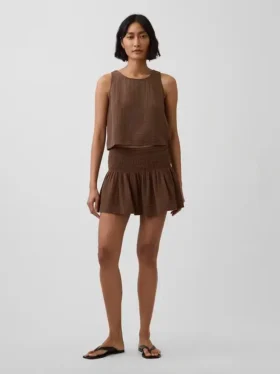 Mini gonna-pantaloncino in garza di cotone con vita smockata