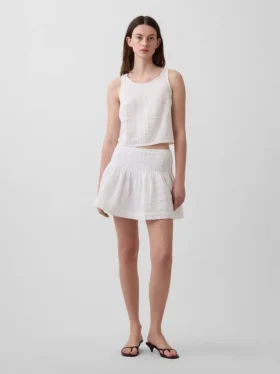 Mini gonna-pantaloncino in garza di cotone con vita smockata