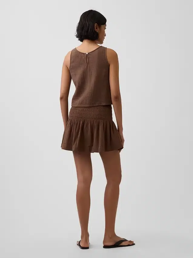 Mini gonna-pantaloncino in garza di cotone con vita smockata
