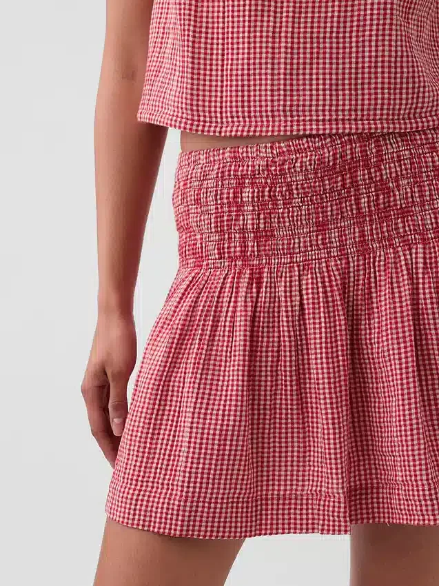 Mini gonna-pantaloncino in garza di cotone con vita smockata
