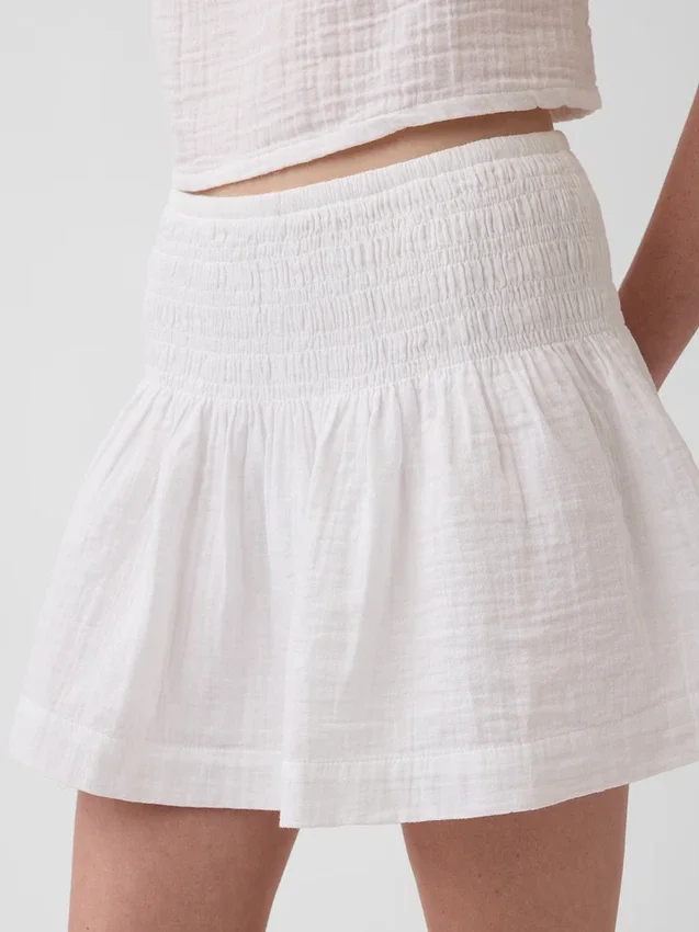 Mini gonna-pantaloncino in garza di cotone con vita smockata