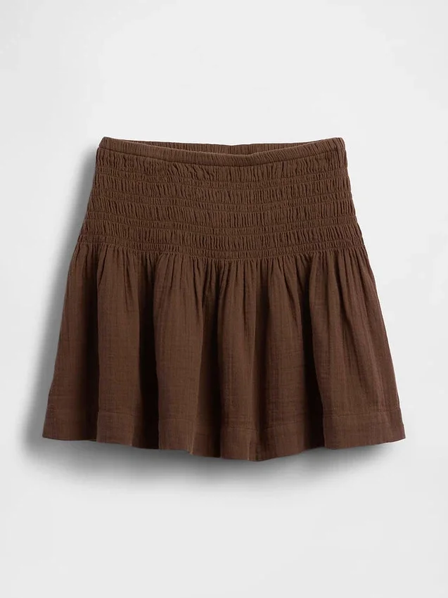 Mini gonna-pantaloncino in garza di cotone con vita smockata