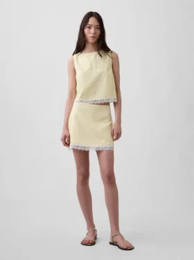 Mini gonna-pantaloncino in misto lino con bordi in pizzo