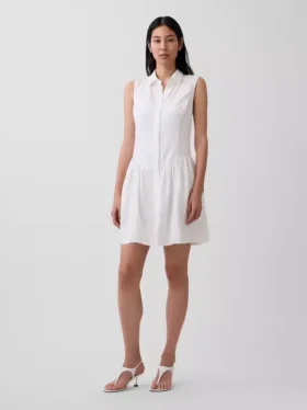 Miniabito a camicia con vita bassa in misto lino