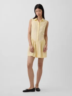 Miniabito a camicia con vita bassa in misto lino