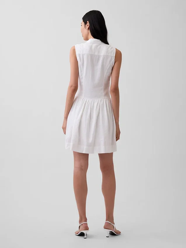Miniabito a camicia con vita bassa in misto lino