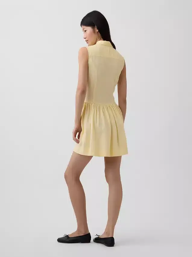 Miniabito a camicia con vita bassa in misto lino