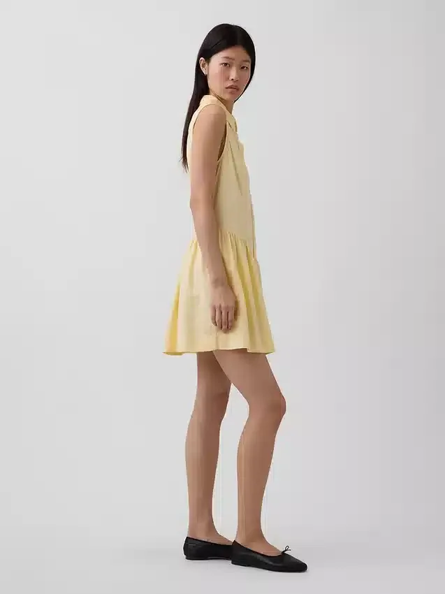 Miniabito a camicia con vita bassa in misto lino