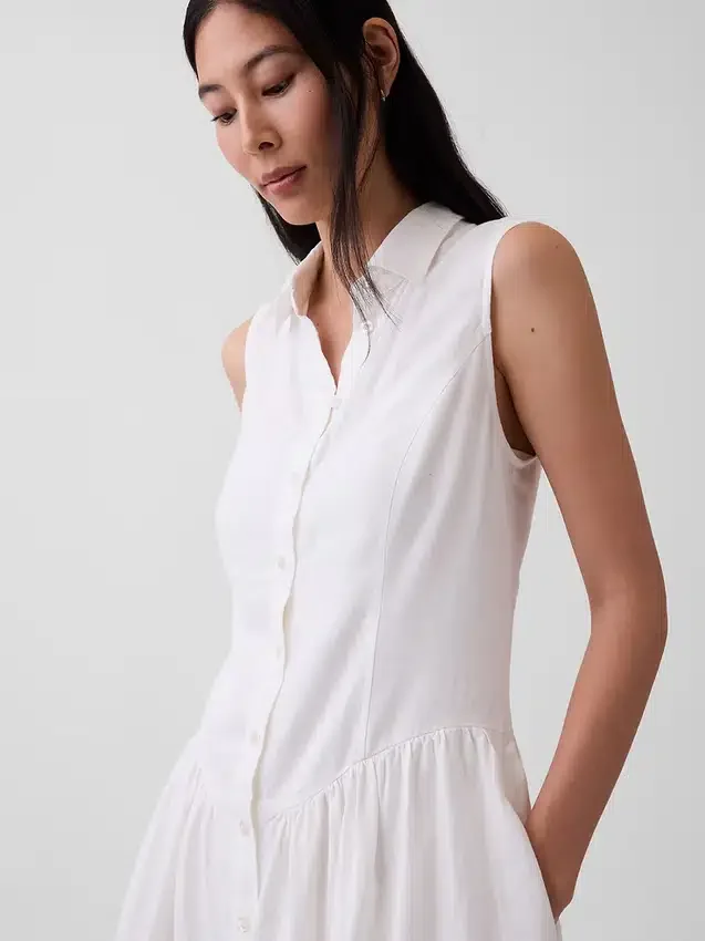 Miniabito a camicia con vita bassa in misto lino