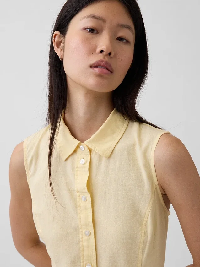 Miniabito a camicia con vita bassa in misto lino