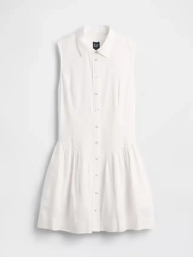 Miniabito a camicia con vita bassa in misto lino