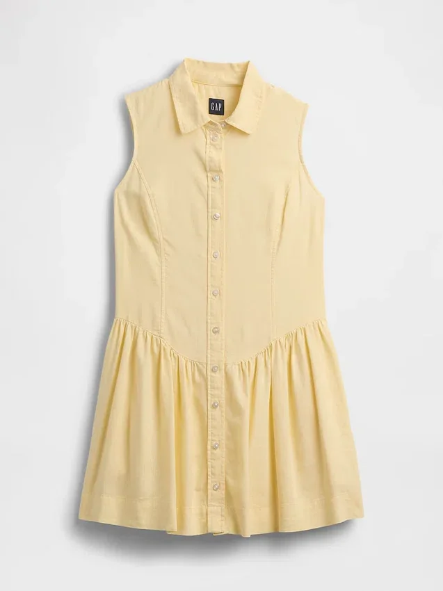 Miniabito a camicia con vita bassa in misto lino
