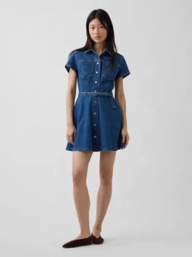 Miniabito a camicia in denim con cintura
