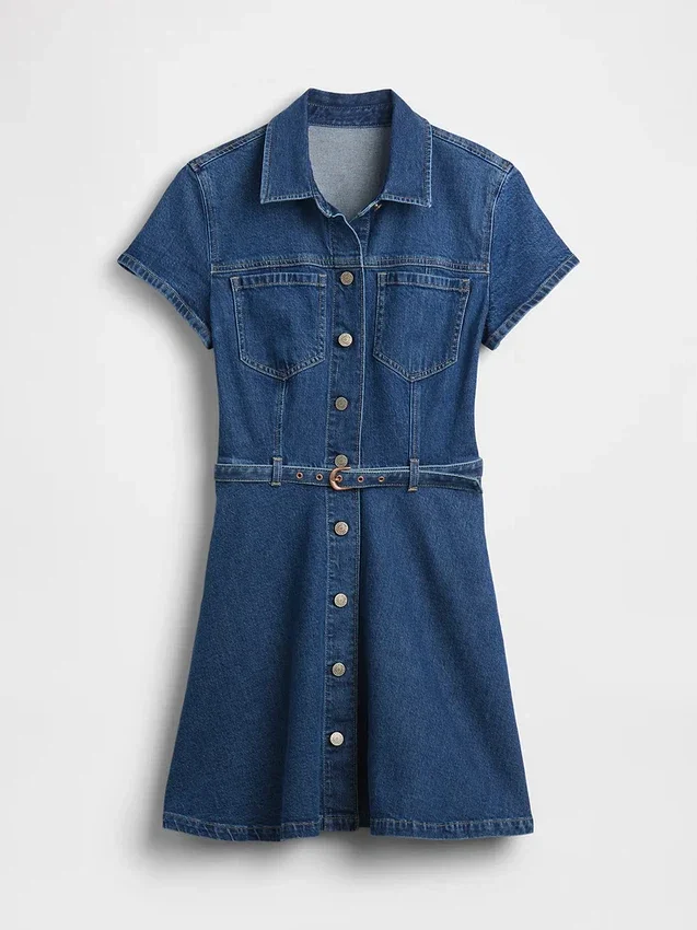 Miniabito a camicia in denim con cintura