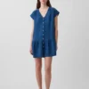 Miniabito a camicia in denim di garza di cotone con vita bassa