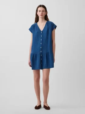 Miniabito a camicia in denim di garza di cotone con vita bassa