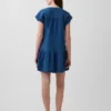 Miniabito a camicia in denim di garza di cotone con vita bassa