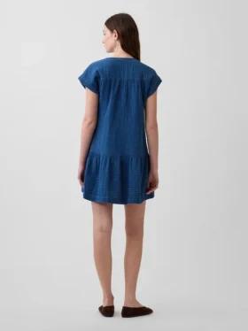 Miniabito a camicia in denim di garza di cotone con vita bassa