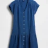 Miniabito a camicia in denim di garza di cotone con vita bassa
