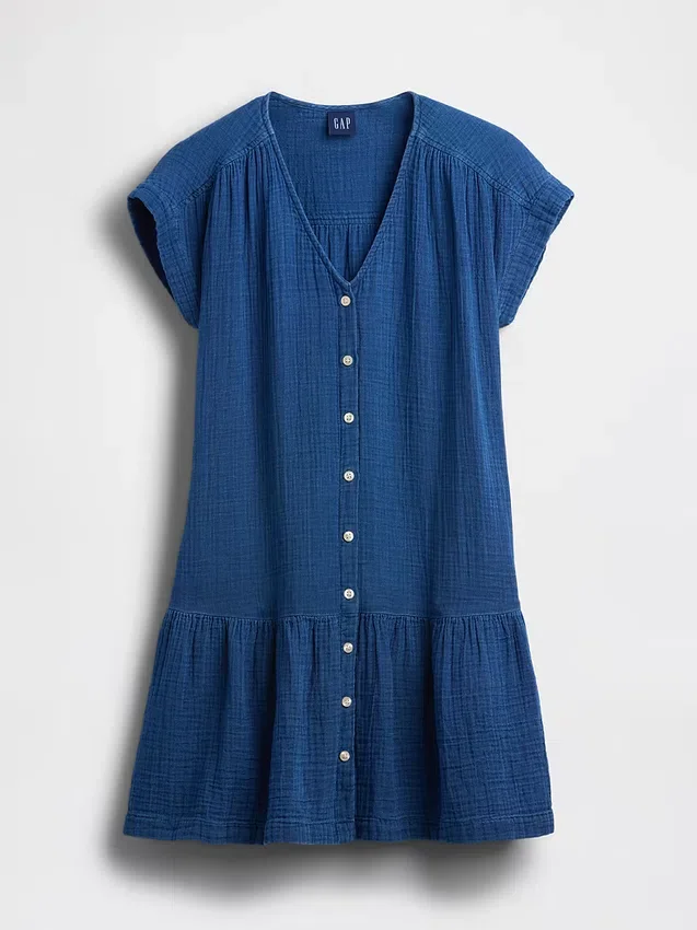 Miniabito a camicia in denim di garza di cotone con vita bassa