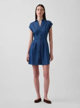 Miniabito a camicia in denim plissettato