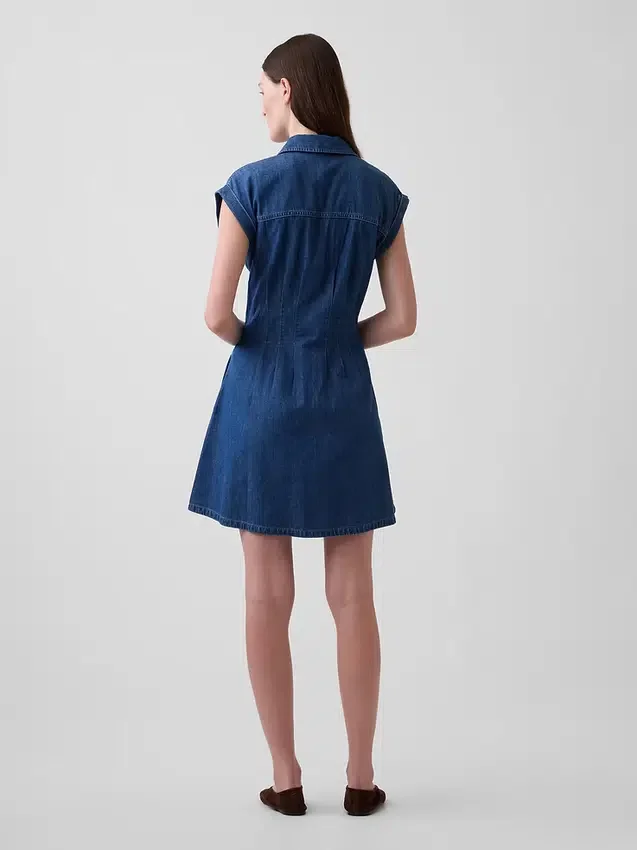 Miniabito a camicia in denim plissettato